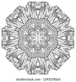 Mandala, tracery wheel mehndi design. Ethnic ornament, doodle symmetry texture. Folk traditional spiritual tribal design. Curved shape, isolated on white. Binary monochrome black and white art. Vector