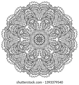 Mandala, tracery wheel mehndi design. Ethnic ornament, doodle symmetry texture. Folk traditional spiritual tribal design. Curved shape, isolated on white. Binary monochrome black and white art. Vector