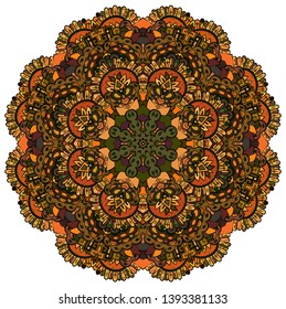 Mandala, tracery wheel mehndi design. Ethnic ornament, colorful doodle symmetry texture. Folk traditional spiritual tribal design.  Curved shape, isolated on white. Color art. Vector