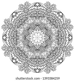 Mandala, tracery wheel mehndi design. Ethnic ornament, doodle symmetry texture. Folk traditional spiritual tribal design. Curved shape, isolated on white. Binary monochrome black and white art. Vector