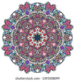 Mandala, tracery wheel mehndi design. Ethnic ornament, colorful doodle symmetry texture. Folk traditional spiritual tribal design.  Curved shape, isolated on white. Color art. Vector