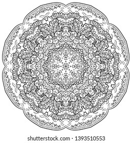 Mandala, tracery wheel mehndi design. Ethnic ornament, doodle symmetry texture. Folk traditional spiritual tribal design. Curved shape, isolated on white. Binary monochrome black and white art. Vector