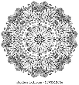 Mandala, tracery wheel mehndi design. Ethnic ornament, doodle symmetry texture. Folk traditional spiritual tribal design. Curved shape, isolated on white. Binary monochrome black and white art. Vector