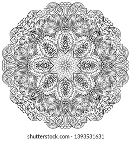 Mandala, tracery wheel mehndi design. Ethnic ornament, doodle symmetry texture. Folk traditional spiritual tribal design. Curved shape, isolated on white. Binary monochrome black and white art. Vector
