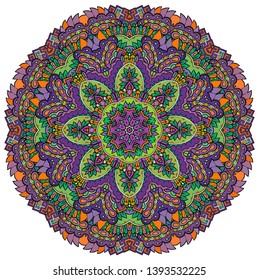 Mandala, tracery wheel mehndi design. Ethnic ornament, colorful doodle symmetry texture. Folk traditional spiritual tribal design.  Curved shape, isolated on white. Color art. Vector
