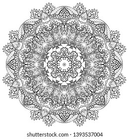 Mandala, tracery wheel mehndi design. Ethnic ornament, doodle symmetry texture. Folk traditional spiritual tribal design. Curved shape, isolated on white. Binary monochrome black and white art. Vector
