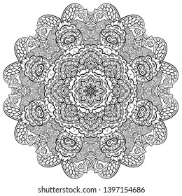 Mandala, tracery wheel mehndi design. Ethnic ornament, doodle symmetry texture. Folk traditional spiritual tribal design. Curved shape, isolated on white. Binary monochrome black and white art. Vector