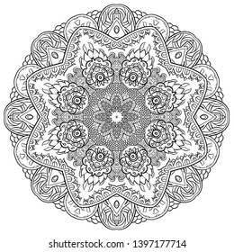 Mandala, tracery wheel mehndi design. Ethnic ornament, doodle symmetry texture. Folk traditional spiritual tribal design. Curved shape, isolated on white. Binary monochrome black and white art. Vector