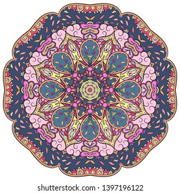 Mandala, tracery wheel mehndi design. Ethnic ornament, colorful doodle symmetry texture. Folk traditional spiritual tribal design.  Curved shape, isolated on white. Color art. Vector