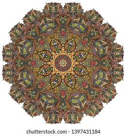 Mandala, tracery wheel mehndi design. Ethnic ornament, colorful doodle symmetry texture. Folk traditional spiritual tribal design.  Curved shape, isolated on white. Color art. Vector