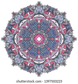 Mandala, tracery wheel mehndi design. Ethnic ornament, colorful doodle symmetry texture. Folk traditional spiritual tribal design.  Curved shape, isolated on white. Color art. Vector