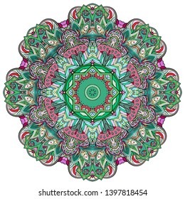 Mandala, tracery wheel mehndi design. Ethnic ornament, colorful doodle symmetry texture. Folk traditional spiritual tribal design.  Curved shape, isolated on white. Color art. Vector