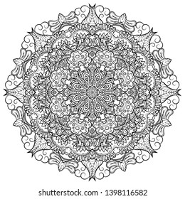 Mandala, tracery wheel mehndi design. Ethnic ornament, doodle symmetry texture. Folk traditional spiritual tribal design. Curved shape, isolated on white. Binary monochrome black and white art. Vector