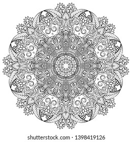 Mandala, tracery wheel mehndi design. Ethnic ornament, doodle symmetry texture. Folk traditional spiritual tribal design. Curved shape, isolated on white. Binary monochrome black and white art. Vector
