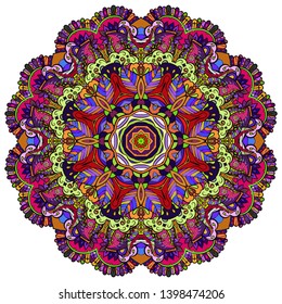 Mandala, tracery wheel mehndi design. Ethnic ornament, colorful doodle symmetry texture. Folk traditional spiritual tribal design.  Curved shape, isolated on white. Color art. Vector