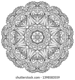 Mandala, tracery wheel mehndi design. Ethnic ornament, doodle symmetry texture. Folk traditional spiritual tribal design. Curved shape, isolated on white. Binary monochrome black and white art. Vector