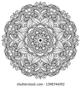 Mandala, tracery wheel mehndi design. Ethnic ornament, doodle symmetry texture. Folk traditional spiritual tribal design. Curved shape, isolated on white. Binary monochrome black and white art. Vector