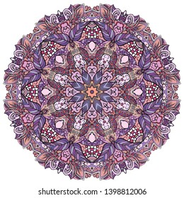 Mandala, tracery wheel mehndi design. Ethnic ornament, colorful doodle symmetry texture. Folk traditional spiritual tribal design.  Curved shape, isolated on white. Color art. Vector