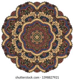 Mandala, tracery wheel mehndi design. Ethnic ornament, colorful doodle symmetry texture. Folk traditional spiritual tribal design.  Curved shape, isolated on white. Color art. Vector