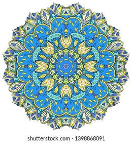 Mandala, tracery wheel mehndi design. Ethnic ornament, colorful doodle symmetry texture. Folk traditional spiritual tribal design.  Curved shape, isolated on white. Color art. Vector