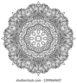 Mandala, tracery wheel mehndi design. Ethnic ornament, doodle symmetry texture. Folk traditional spiritual tribal design. Curved shape, isolated on white. Binary monochrome black and white art. Vector