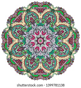 Mandala, tracery wheel mehndi design. Ethnic ornament, colorful doodle symmetry texture. Folk traditional spiritual tribal design.  Curved shape, isolated on white. Color art. Vector