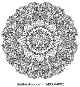 Mandala, tracery wheel mehndi design. Ethnic ornament, doodle symmetry texture. Folk traditional spiritual tribal design. Curved shape, isolated on white. Binary monochrome black and white art. Vector