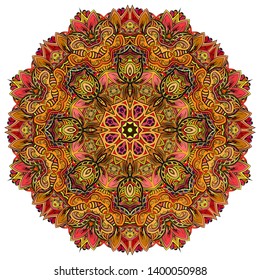 Mandala, tracery wheel mehndi design. Ethnic ornament, colorful doodle symmetry texture. Folk traditional spiritual tribal design.  Curved shape, isolated on white. Color art. Vector