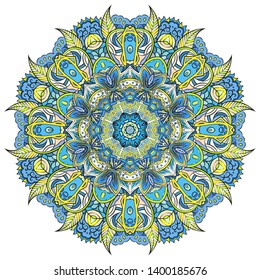 Mandala, tracery wheel mehndi design. Ethnic ornament, colorful doodle symmetry texture. Folk traditional spiritual tribal design.  Curved shape, isolated on white. Color art. Vector