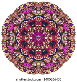 Mandala, tracery wheel mehndi design. Ethnic ornament, colorful doodle symmetry texture. Folk traditional spiritual tribal design.  Curved shape, isolated on white. Color art. Vector