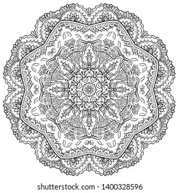 Mandala, tracery wheel mehndi design. Ethnic ornament, doodle symmetry texture. Folk traditional spiritual tribal design. Curved shape, isolated on white. Binary monochrome black and white art. Vector
