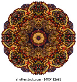 Mandala, tracery wheel mehndi design. Ethnic ornament, colorful doodle symmetry texture. Folk traditional spiritual tribal design.  Curved shape, isolated on white. Color art. Vector