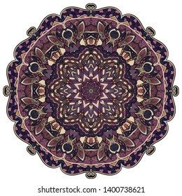 Mandala, tracery wheel mehndi design. Ethnic ornament, colorful doodle symmetry texture. Folk traditional spiritual tribal design.  Curved shape, isolated on white. Color art. Vector