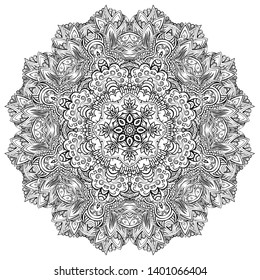 Mandala, tracery wheel mehndi design. Ethnic ornament, doodle symmetry texture. Folk traditional spiritual tribal design. Curved shape, isolated on white. Binary monochrome black and white art. Vector