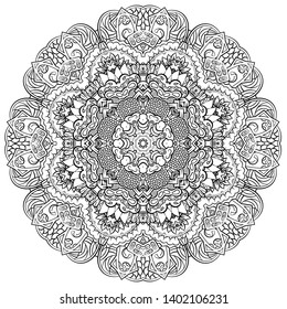 Mandala, tracery wheel mehndi design. Ethnic ornament, doodle symmetry texture. Folk traditional spiritual tribal design. Curved shape, isolated on white. Binary monochrome black and white art. Vector