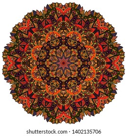 Mandala, tracery wheel mehndi design. Ethnic ornament, colorful doodle symmetry texture. Folk traditional spiritual tribal design.  Curved shape, isolated on white. Color art. Vector