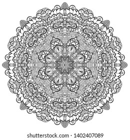 Mandala, tracery wheel mehndi design. Ethnic ornament, doodle symmetry texture. Folk traditional spiritual tribal design. Curved shape, isolated on white. Binary monochrome black and white art. Vector