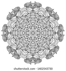 Mandala, tracery wheel mehndi design. Ethnic ornament, doodle symmetry texture. Folk traditional spiritual tribal design. Curved shape, isolated on white. Binary monochrome black and white art. Vector