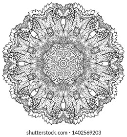 Mandala, tracery wheel mehndi design. Ethnic ornament, doodle symmetry texture. Folk traditional spiritual tribal design. Curved shape, isolated on white. Binary monochrome black and white art. Vector