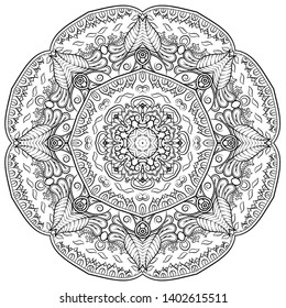 Mandala, tracery wheel mehndi design. Ethnic ornament, doodle symmetry texture. Folk traditional spiritual tribal design. Curved shape, isolated on white. Binary monochrome black and white art. Vector