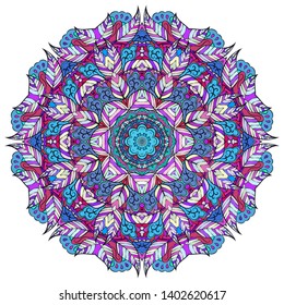 Mandala, tracery wheel mehndi design. Ethnic ornament, colorful doodle symmetry texture. Folk traditional spiritual tribal design.  Curved shape, isolated on white. Color art. Vector