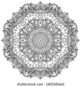 Mandala, tracery wheel mehndi design. Ethnic ornament, doodle symmetry texture. Folk traditional spiritual tribal design. Curved shape, isolated on white. Binary monochrome black and white art. Vector