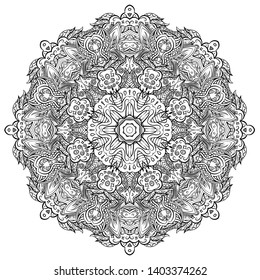 Mandala, tracery wheel mehndi design. Ethnic ornament, doodle symmetry texture. Folk traditional spiritual tribal design. Curved shape, isolated on white. Binary monochrome black and white art. Vector
