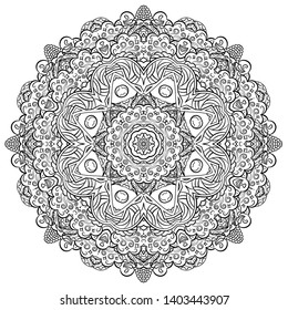 Mandala, tracery wheel mehndi design. Ethnic ornament, doodle symmetry texture. Folk traditional spiritual tribal design. Curved shape, isolated on white. Binary monochrome black and white art. Vector