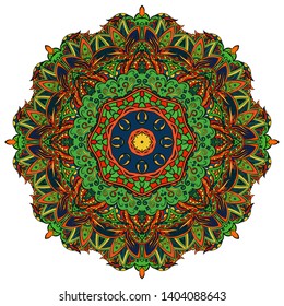 Mandala, tracery wheel mehndi design. Ethnic ornament, colorful doodle symmetry texture. Folk traditional spiritual tribal design.  Curved shape, isolated on white. Color art. Vector