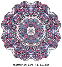 Mandala, tracery wheel mehndi design. Ethnic ornament, colorful doodle symmetry texture. Folk traditional spiritual tribal design.  Curved shape, isolated on white. Color art. Vector