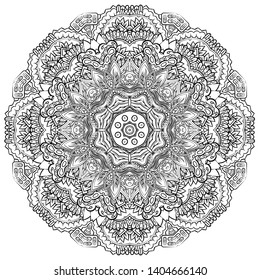 Mandala, tracery wheel mehndi design. Ethnic ornament, doodle symmetry texture. Folk traditional spiritual tribal design. Curved shape, isolated on white. Binary monochrome black and white art. Vector