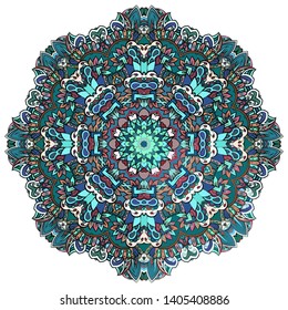 Mandala, tracery wheel mehndi design. Ethnic ornament, colorful doodle symmetry texture. Folk traditional spiritual tribal design.  Curved shape, isolated on white. Color art. Vector