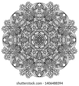 Mandala, tracery wheel mehndi design. Ethnic ornament, doodle symmetry texture. Folk traditional spiritual tribal design. Curved shape, isolated on white. Binary monochrome black and white art. Vector