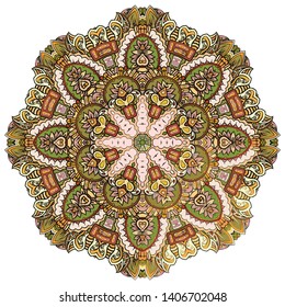 Mandala, tracery wheel mehndi design. Ethnic ornament, colorful doodle symmetry texture. Folk traditional spiritual tribal design.  Curved shape, isolated on white. Color art. Vector